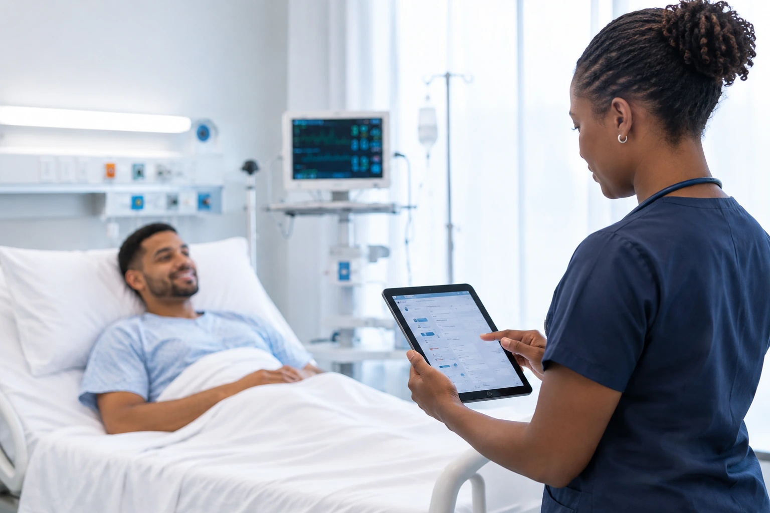 Healthcare professional using a tablet beside a patient in a modern hospital